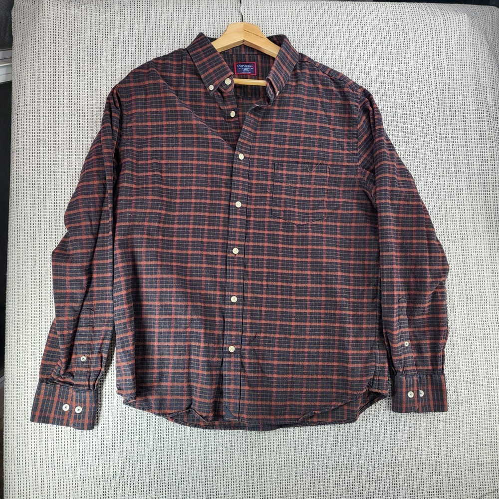 UNTUCKit Shirt Mens XL Navy Rust Plaid Slim Fit Button Down Long Sleeve Casual
